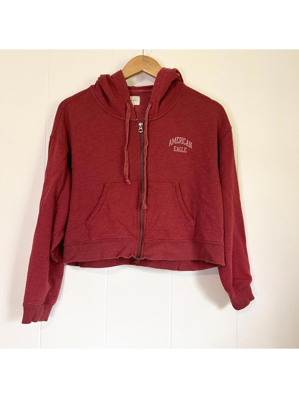 American Eagle Logo Red Long Sleeve Zip Up Hooded Cropped Jacket Women's Large